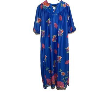 Vintage 1970s Asian Floral Pattern Satin Muumuu Blue Pink Maxi Housedress Sz L